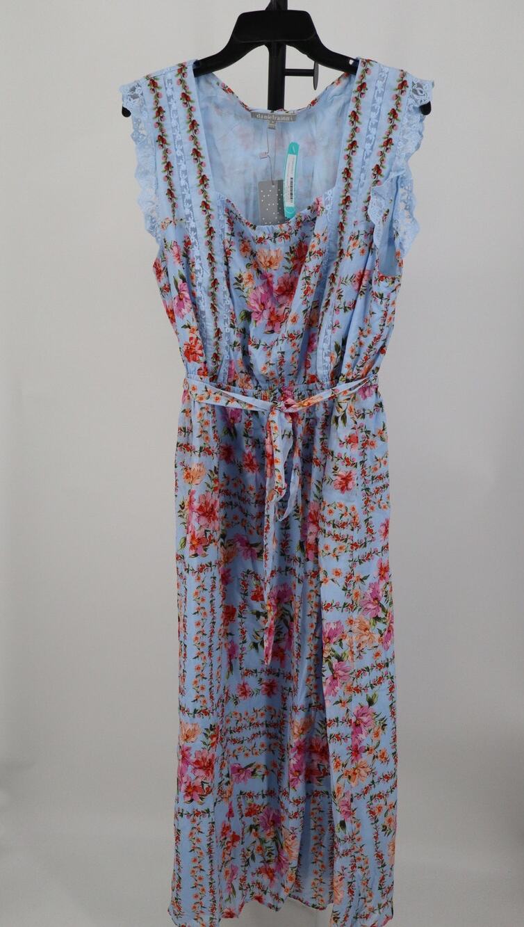 NEW Daniel Rainn Maxi Dress Blue Floral Lace Ruffle Tie Waist A Line Size 1X